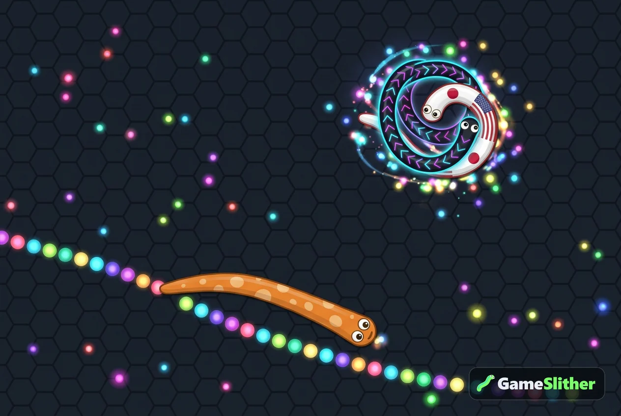 Un serpent orange récolte tranquillement en périphérie pendant qu'un duel se joue au loin