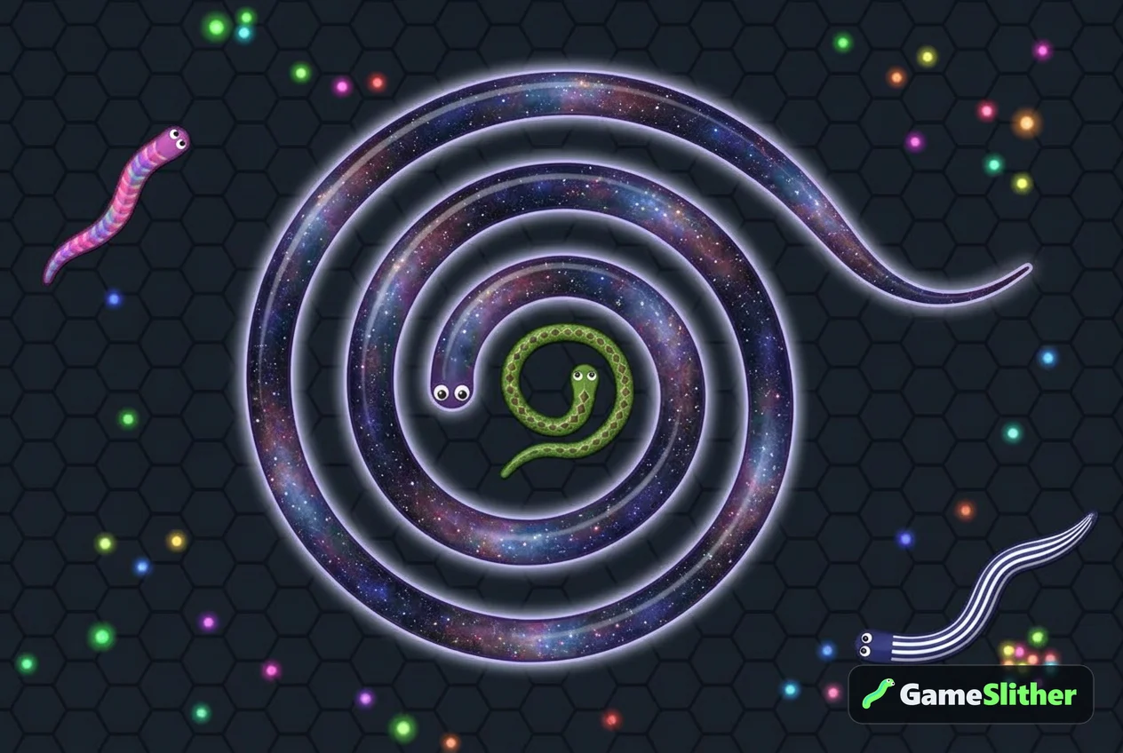 Un grand serpent Galaxy encercle un petit serpent vert dans une spirale qui se resserre