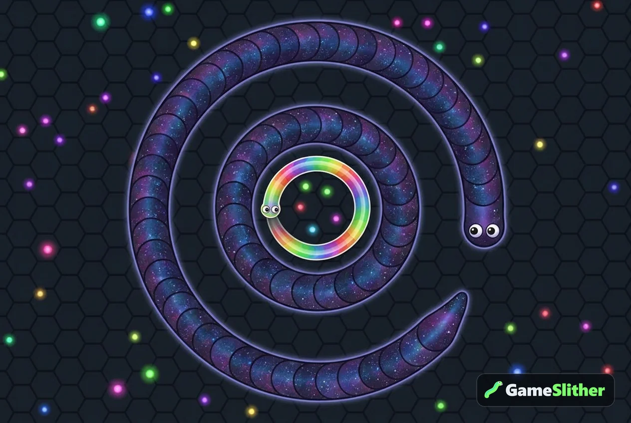 A large galaxy snake coiling around a smaller snake to trap it in a browser snake game