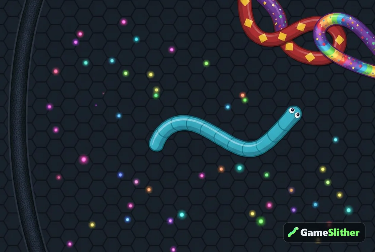 A mid-sized snake farming pellets safely while two bigger snakes fight in the distance