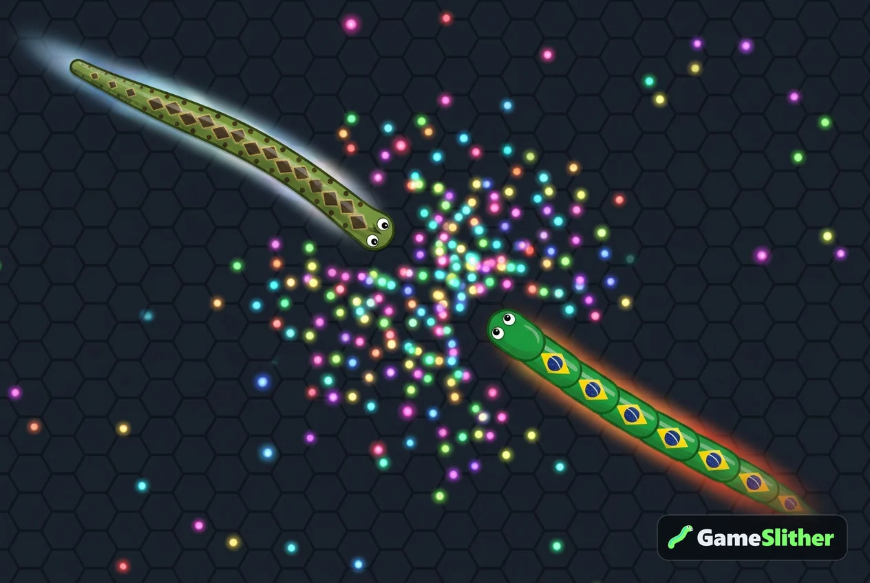 Two snakes racing toward the pellet cloud left by a defeated giant snake