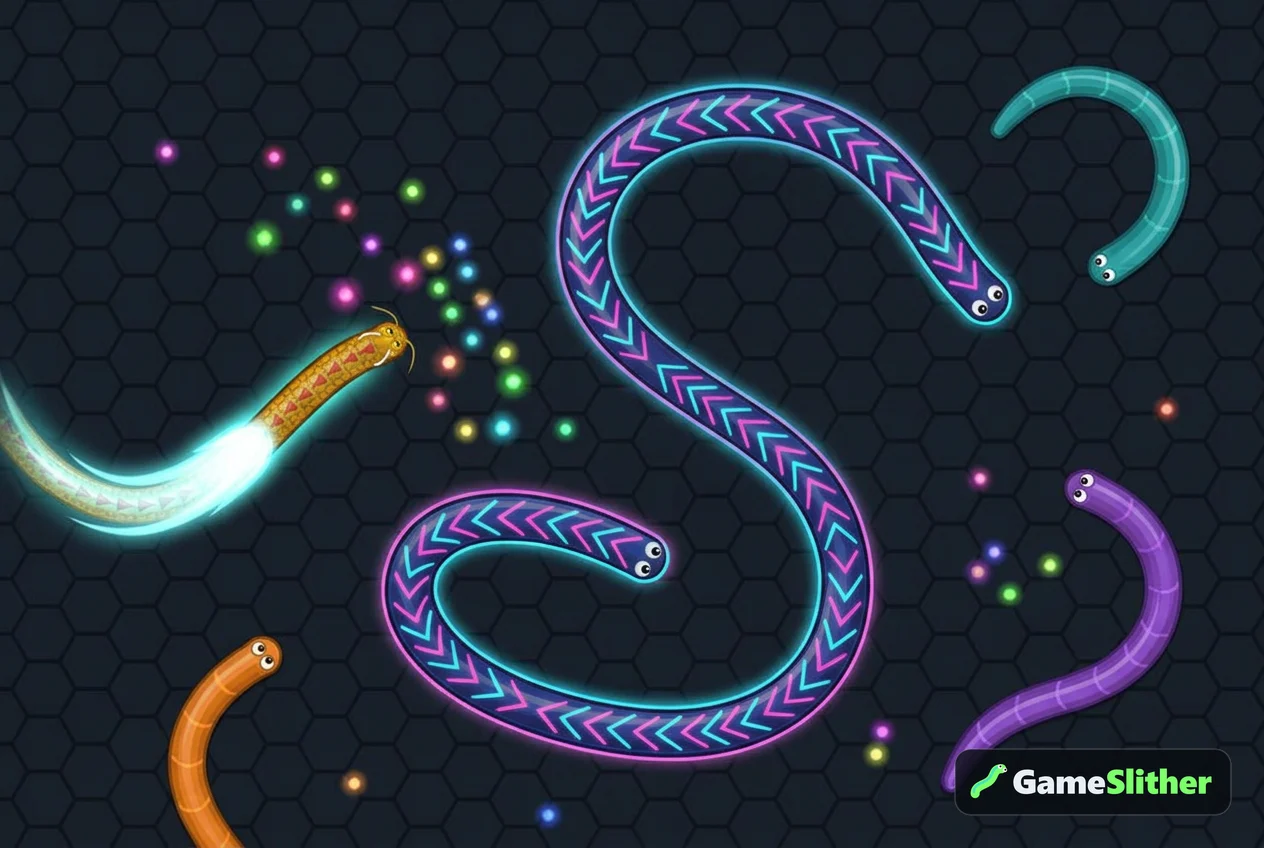Multiple glowing snakes competing for pellets in games like slither io browser arena