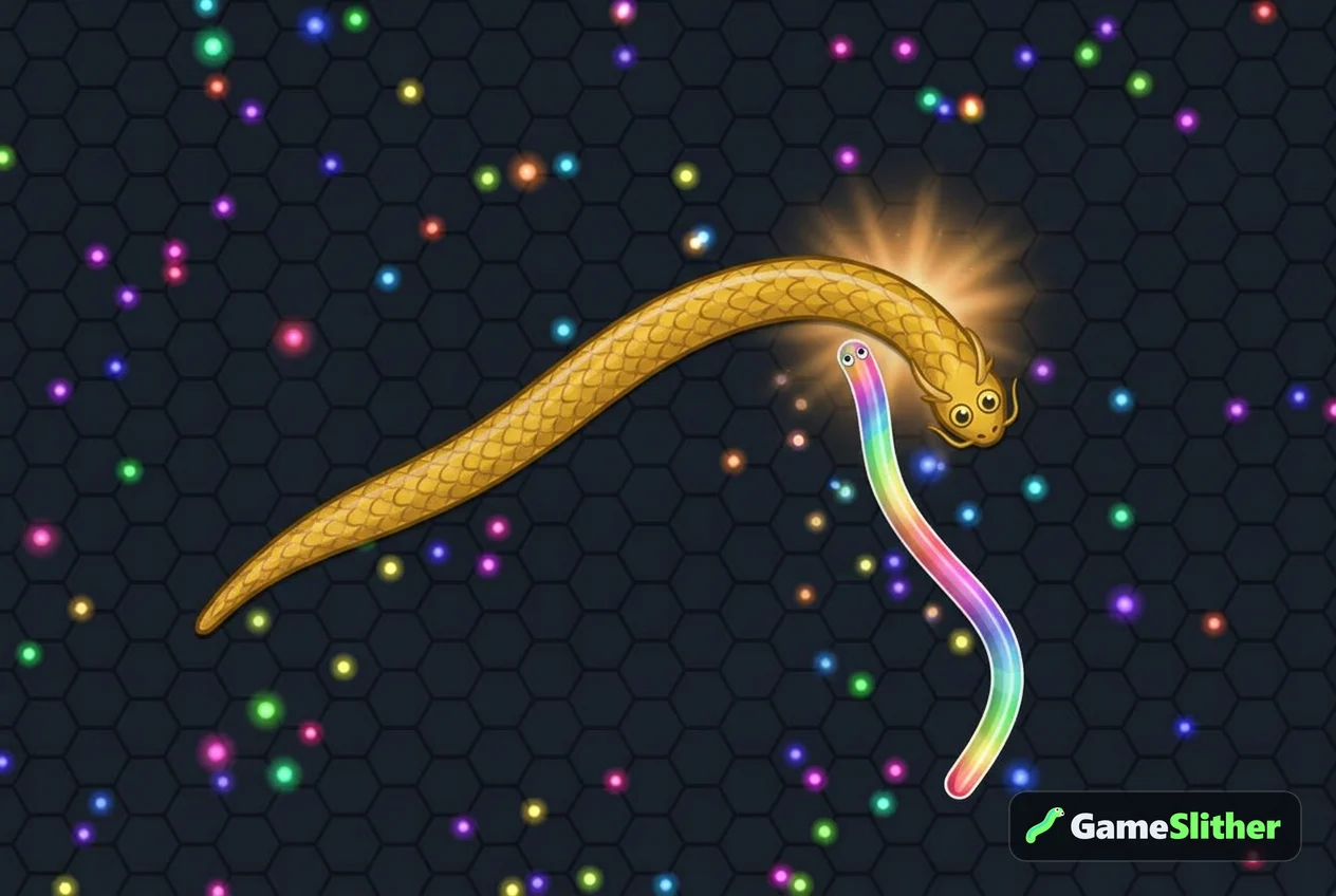 A long golden snake cutting off a smaller snake with a short boost burst