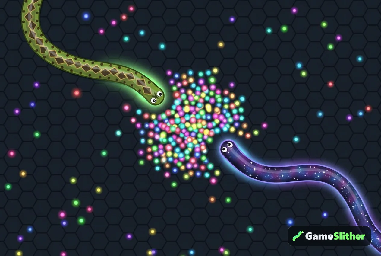 Two snakes boosting toward a glowing pile of pellets left by a defeated snake