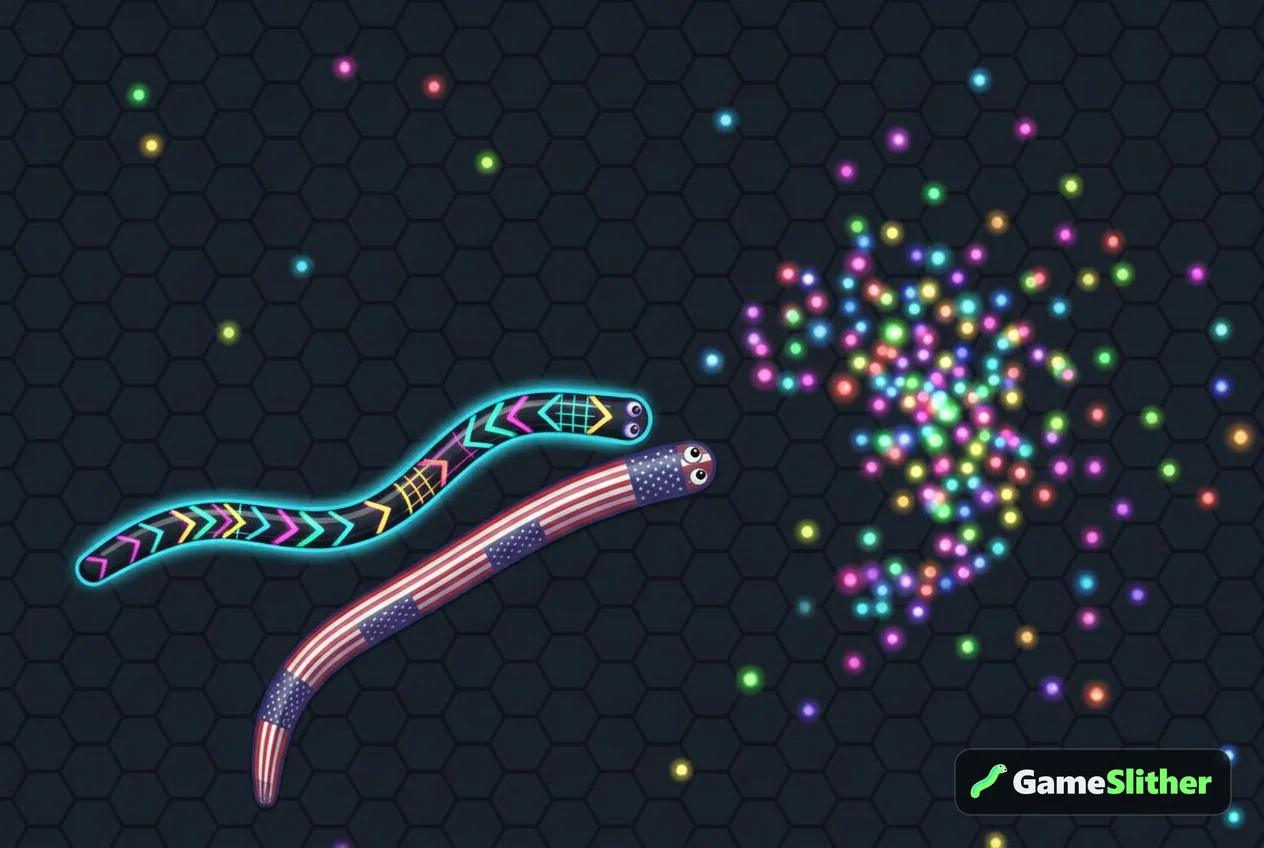 Two snakes racing toward a dense cluster of pellets dropped by a defeated snake