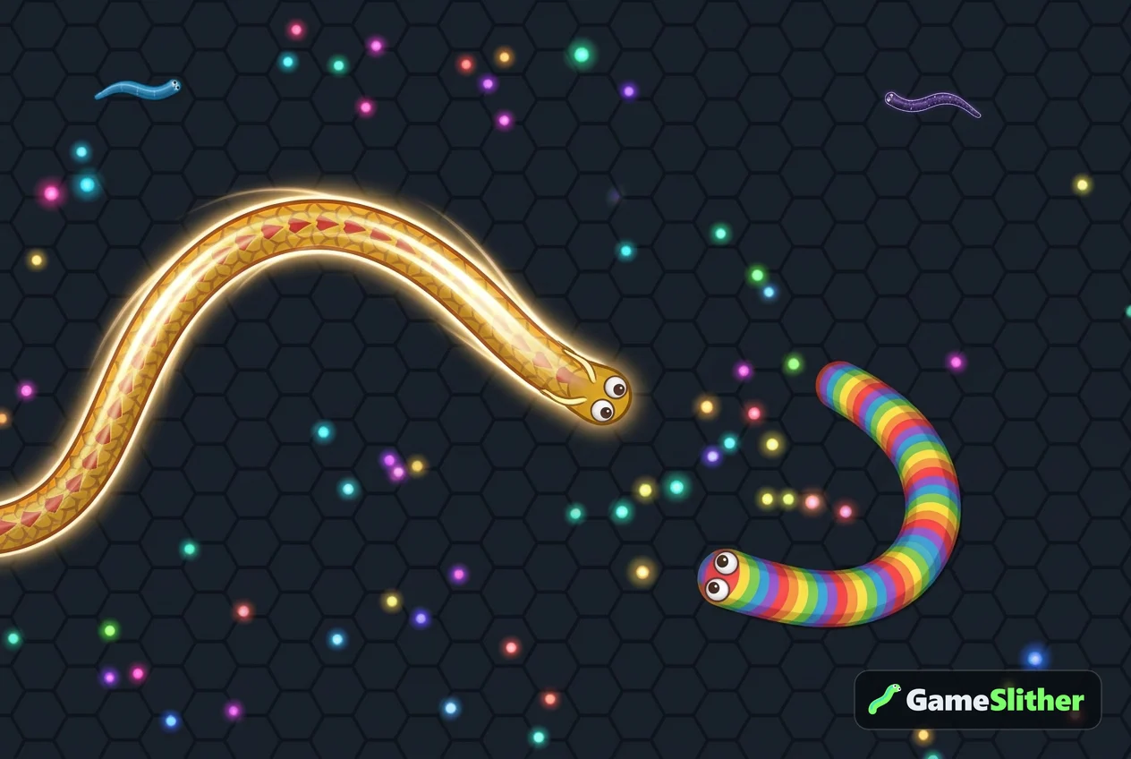 Ular Golden Dragon melakukan boost mengejar ular Rainbow Candy di arena gelap