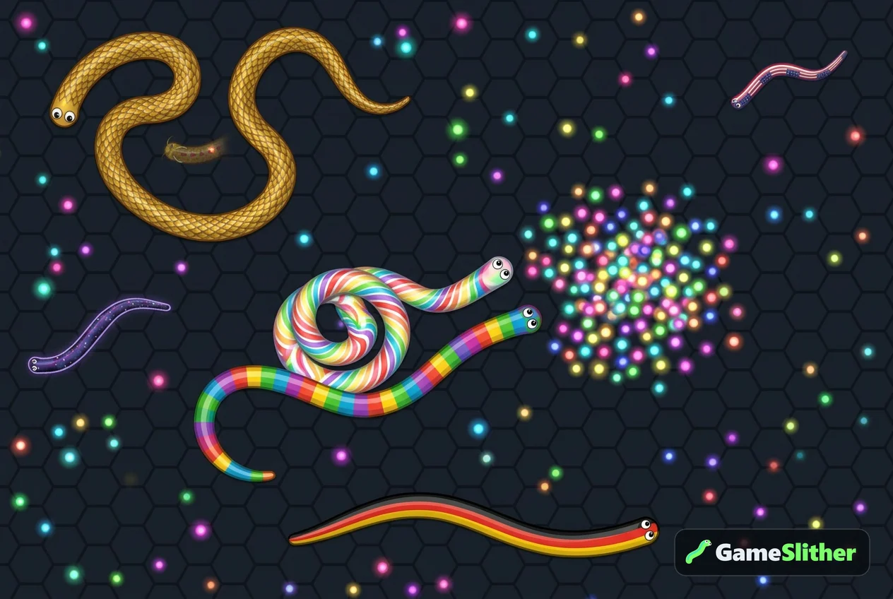 Six snakes in a private room racing toward a bright cluster of dropped pellets
