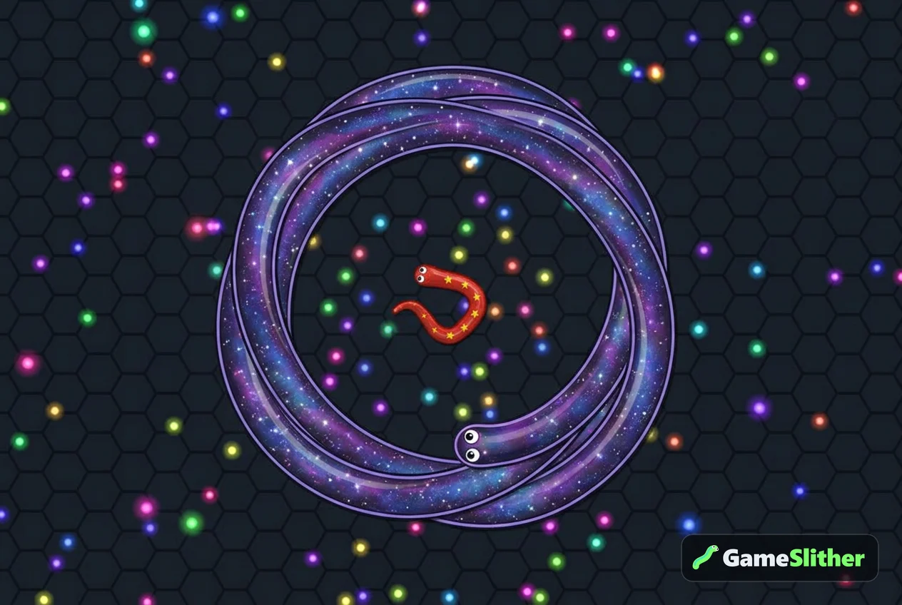 Three matching galaxy-skinned snakes encircling a smaller snake in an arena