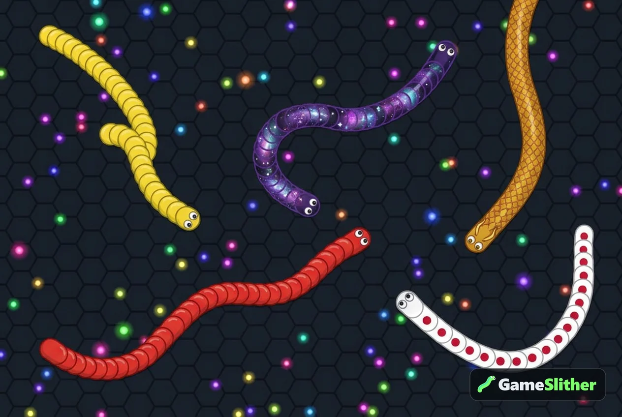 Five differently skinned snakes weaving across a pellet-covered arena