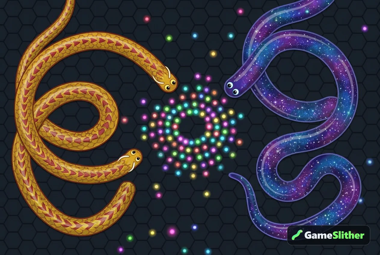 Golden Dragon and Galaxy skinned snakes racing toward a cluster of glowing pellets