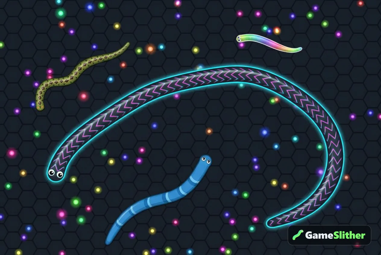 Long neon snake leading smaller snakes, illustrating cool snake game names on the leaderboard