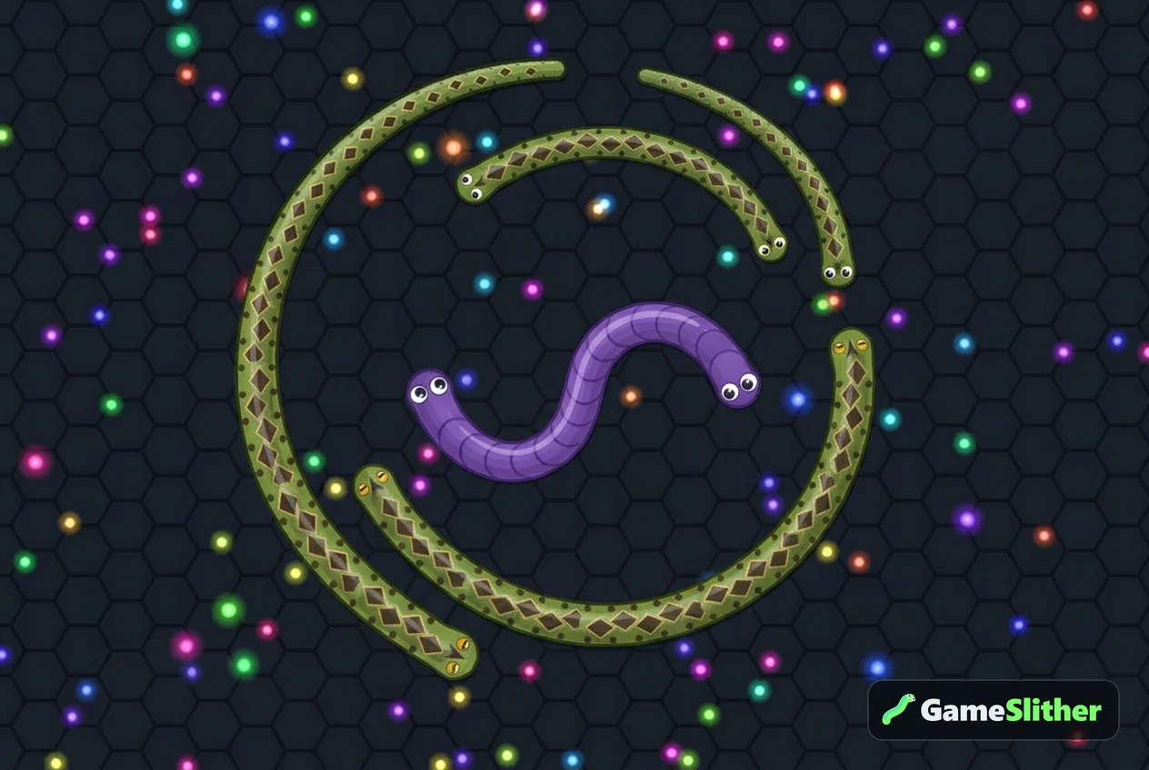 Four matching snakes circling a lone snake like a squad in a private room
