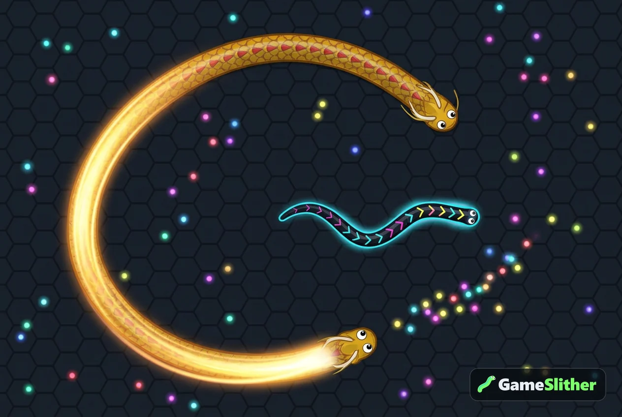 Un serpent doré accélère et encercle un serpent néon plus petit dans une arène fermée