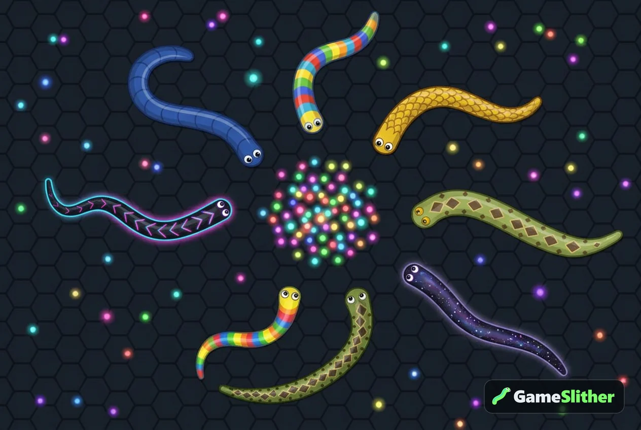 Six serpents de skins différents réunis dans un salon pour créer une partie privée jeu serpent avec code