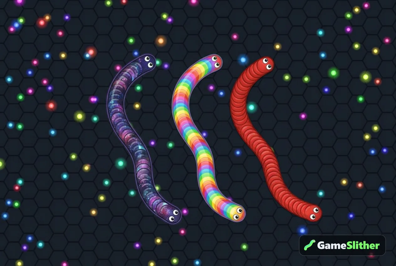 Three differently skinned snakes gliding side by side, showing cosmetic skins unlocked with coins
