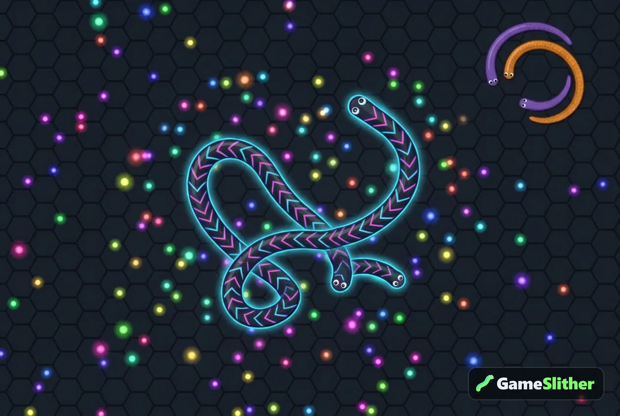Neon snake collecting glowing pellets, illustrating how to earn coins in snake game rounds