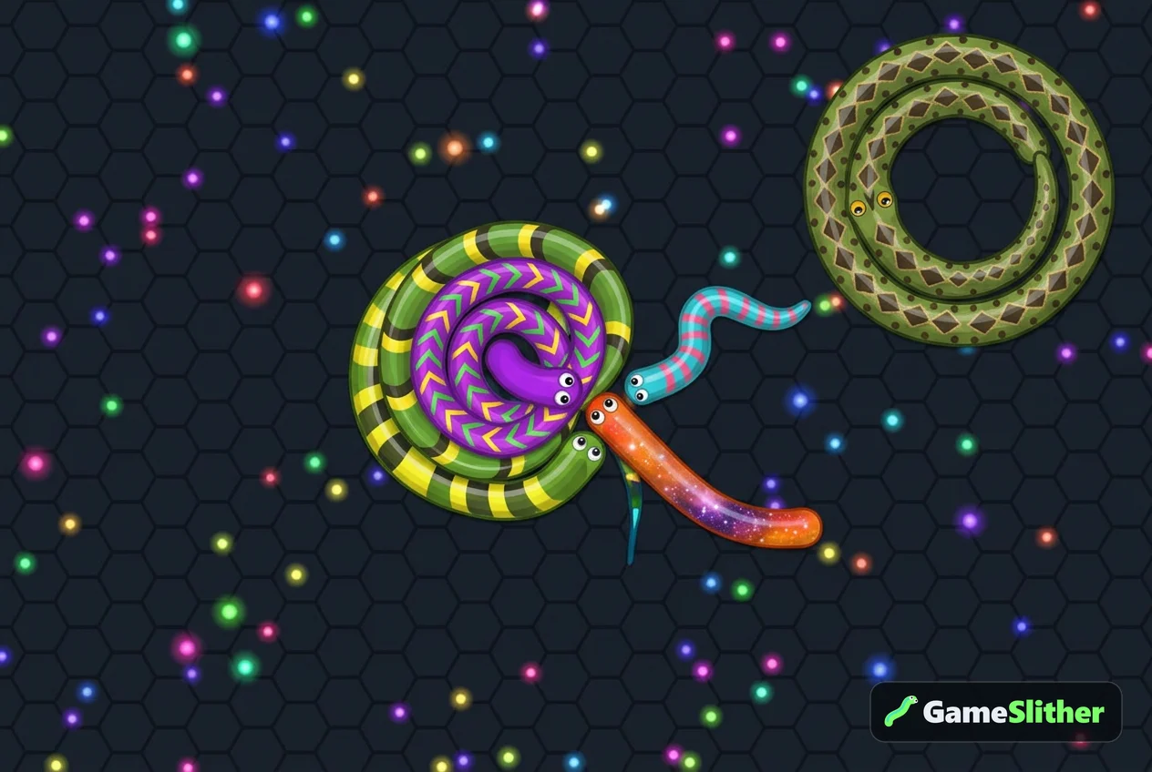 Green patterned snake playing safely near the map edge while other snakes fight in the center