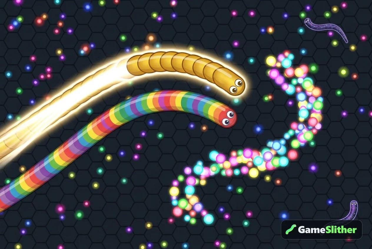 Two snakes racing with a glowing boost toward a trail of pellets left by a defeated snake