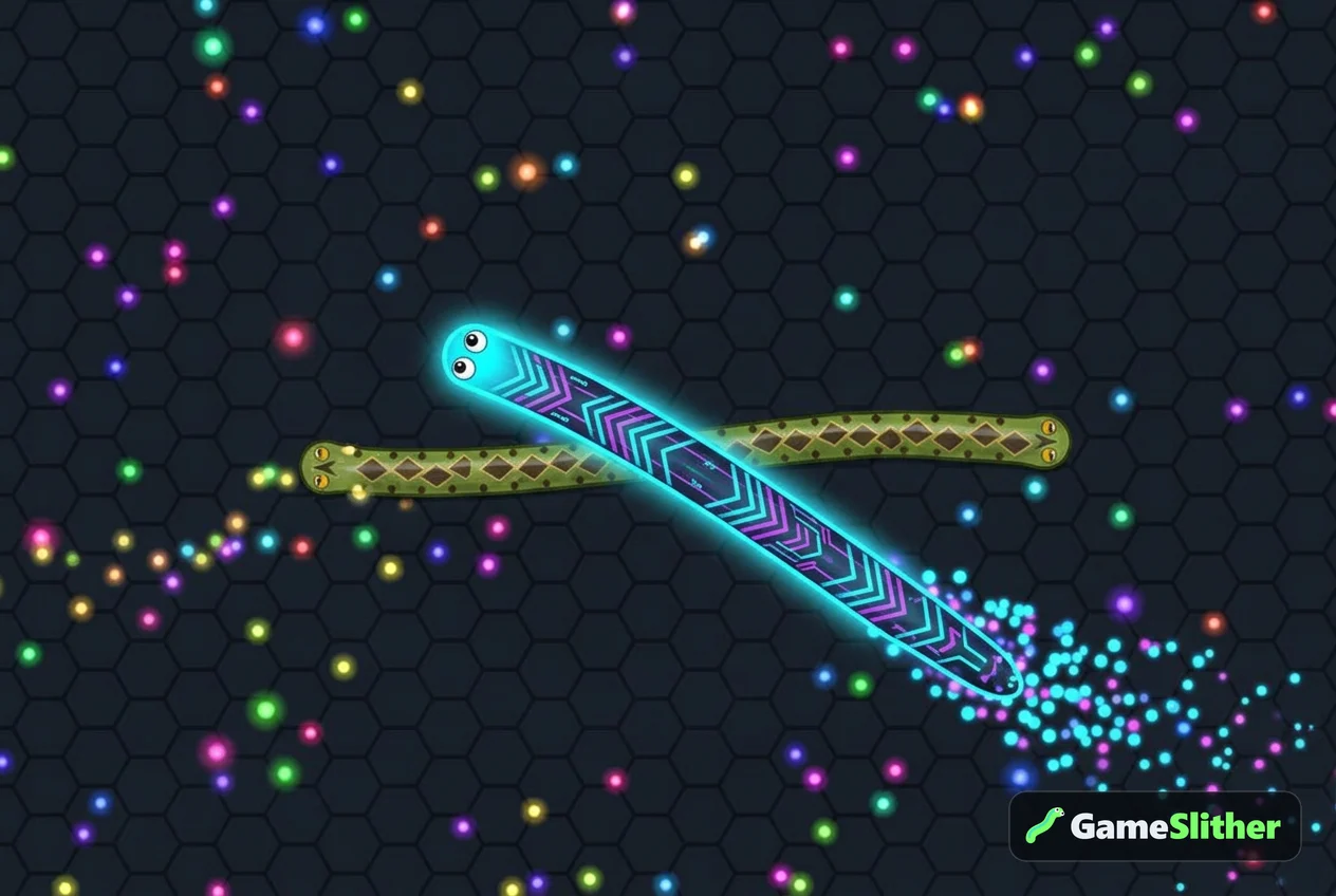 Un serpent néon accélère pour couper la trajectoire d'un adversaire plus petit avant de l'encercler