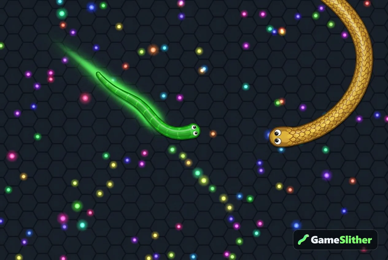 A small snake boosting away from a larger golden snake in a browser multiplayer match