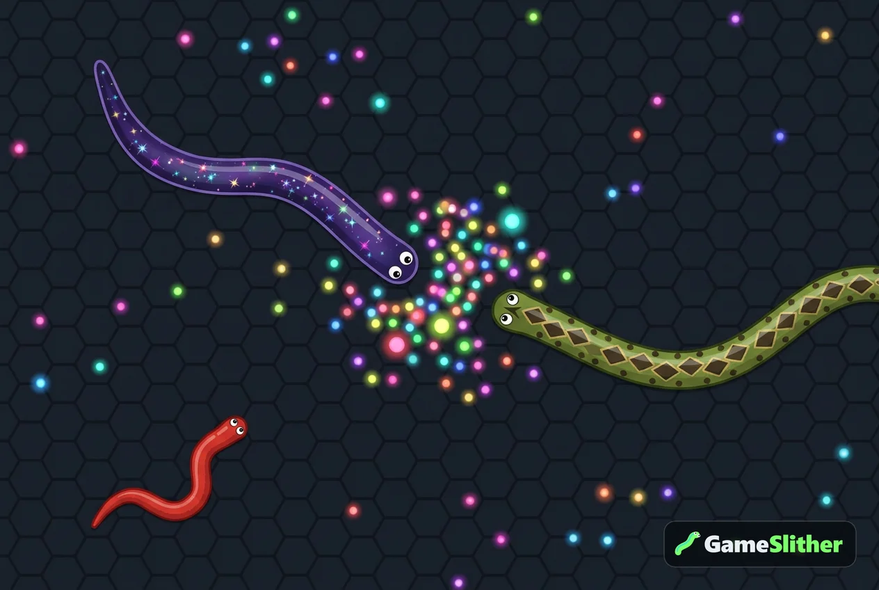 Two snakes racing for the pellet trail left by a defeated snake in a free browser game
