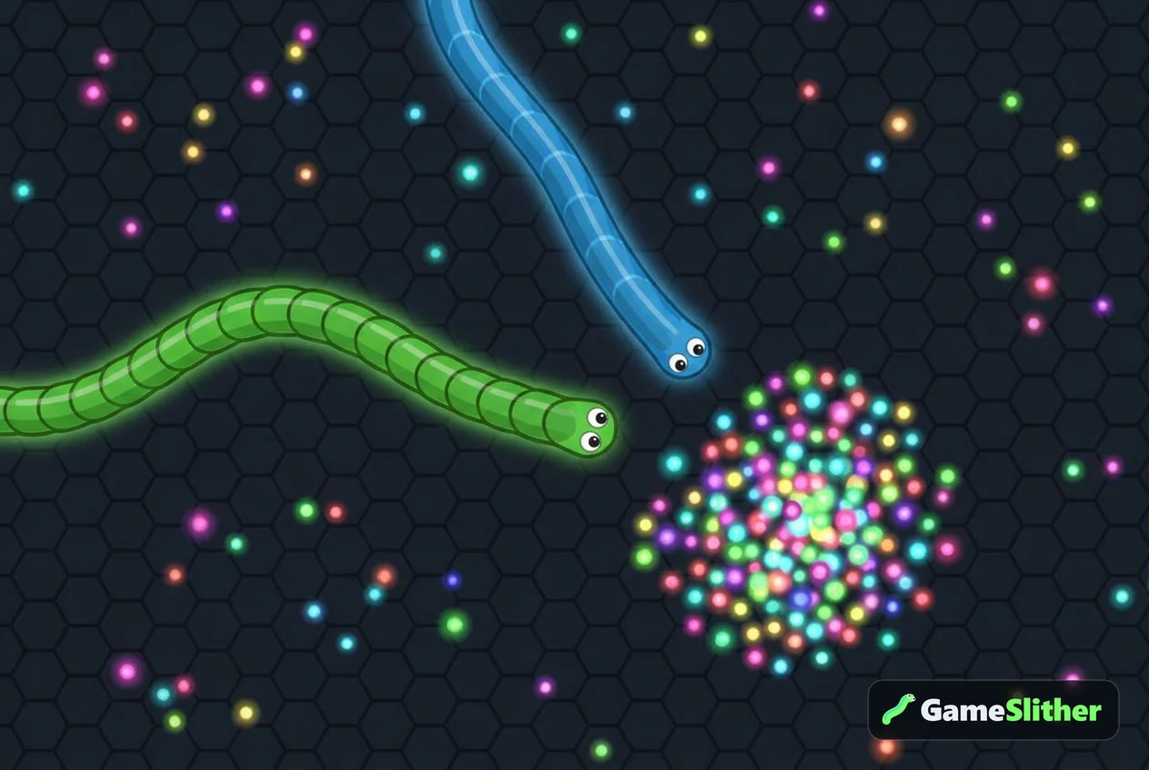 Two snakes racing toward a glowing pellet pile left by a defeated snake