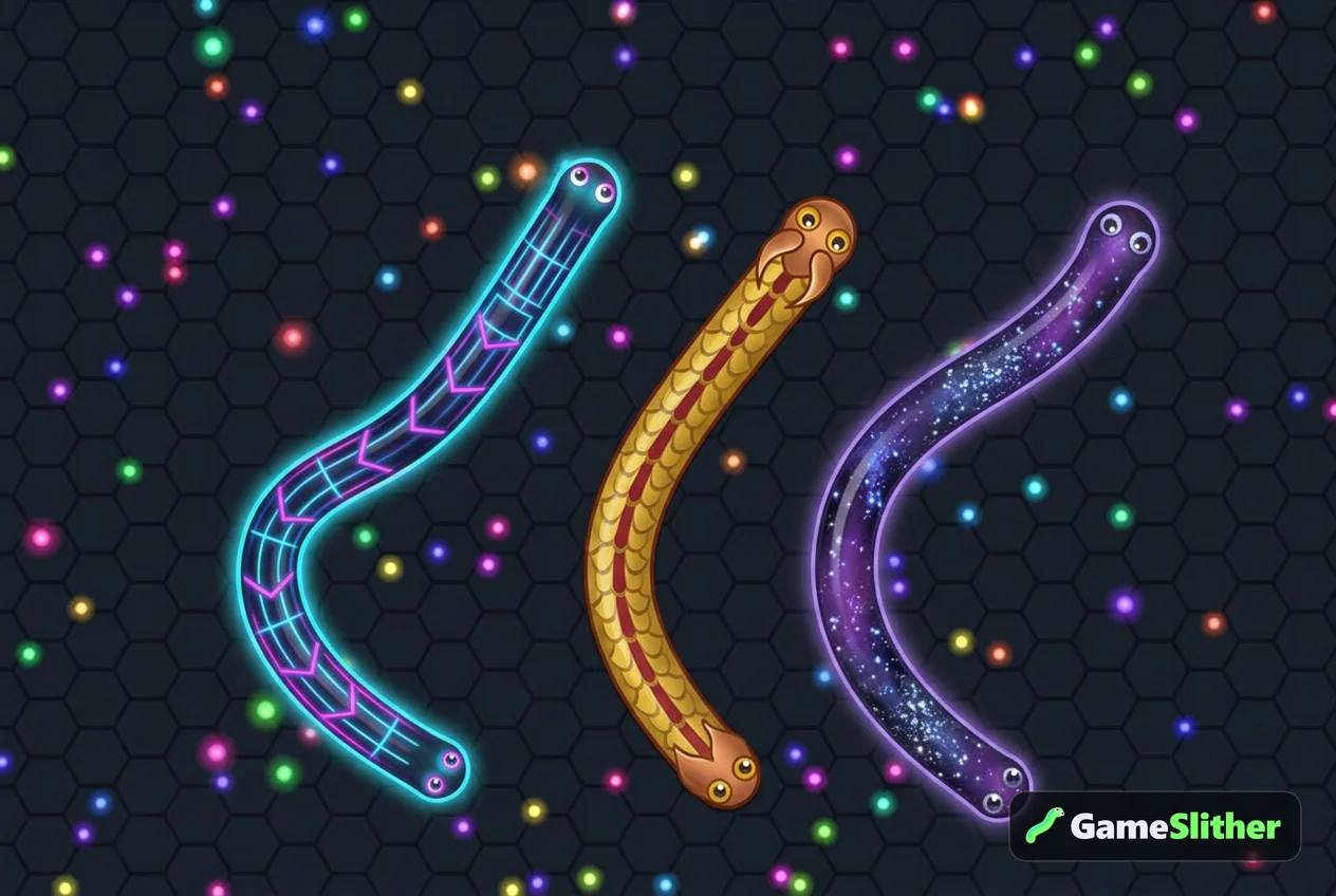 Three differently skinned snakes side by side in a free skins snake game match
