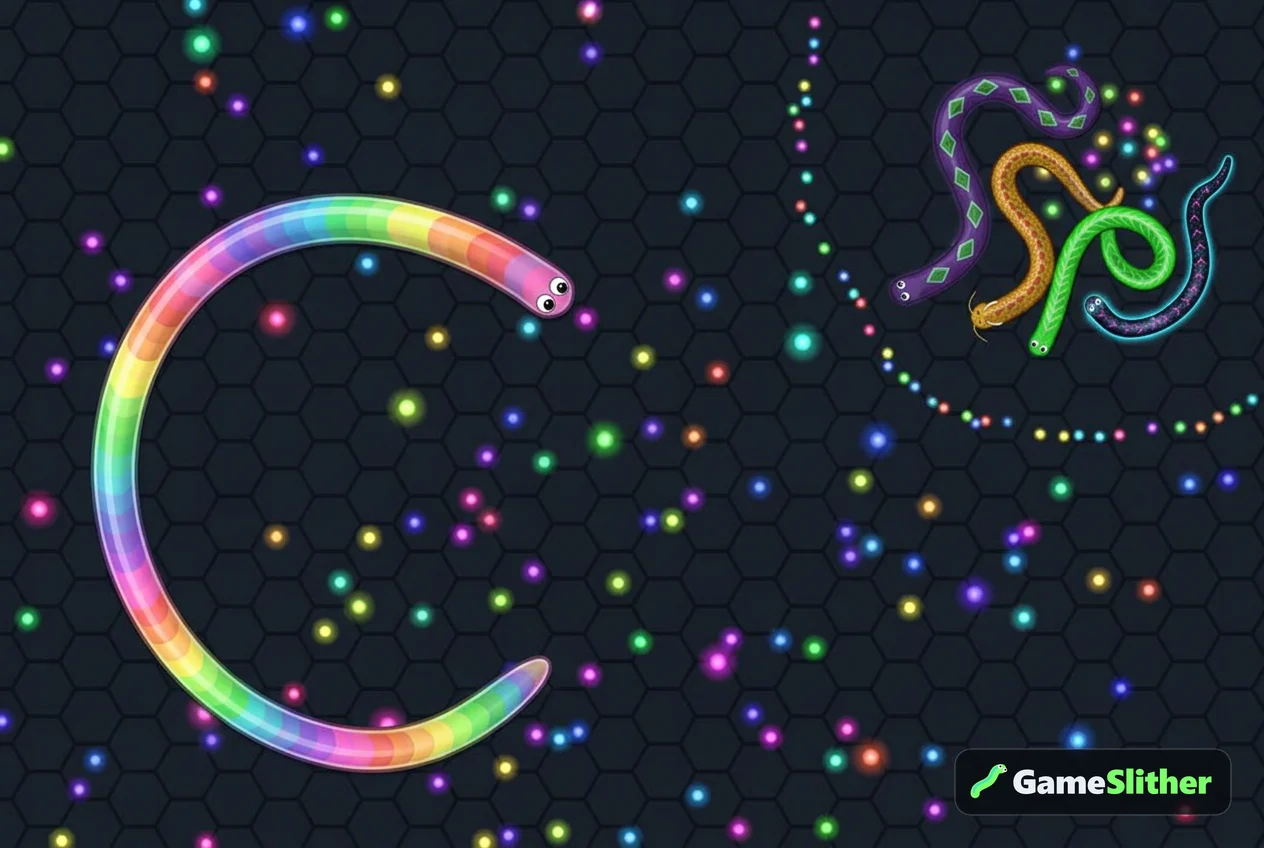 A long rainbow-patterned snake playing safely near the map edge while others fight
