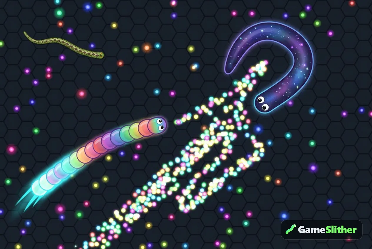Duas cobras a disputar o rasto de pellets deixado por uma cobra eliminada