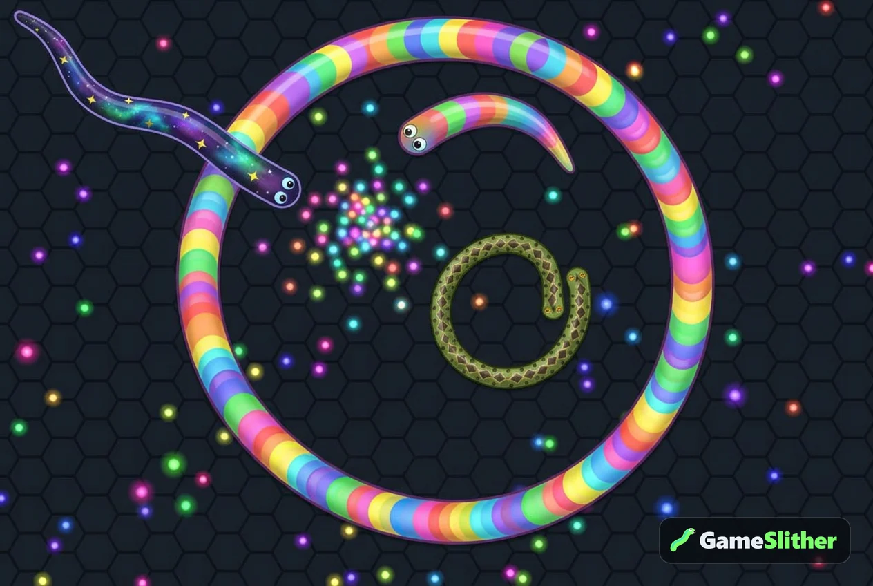Ular panjang mengepung ular kecil di arena multiplayer sementara ular lain mendekati tumpukan pelet