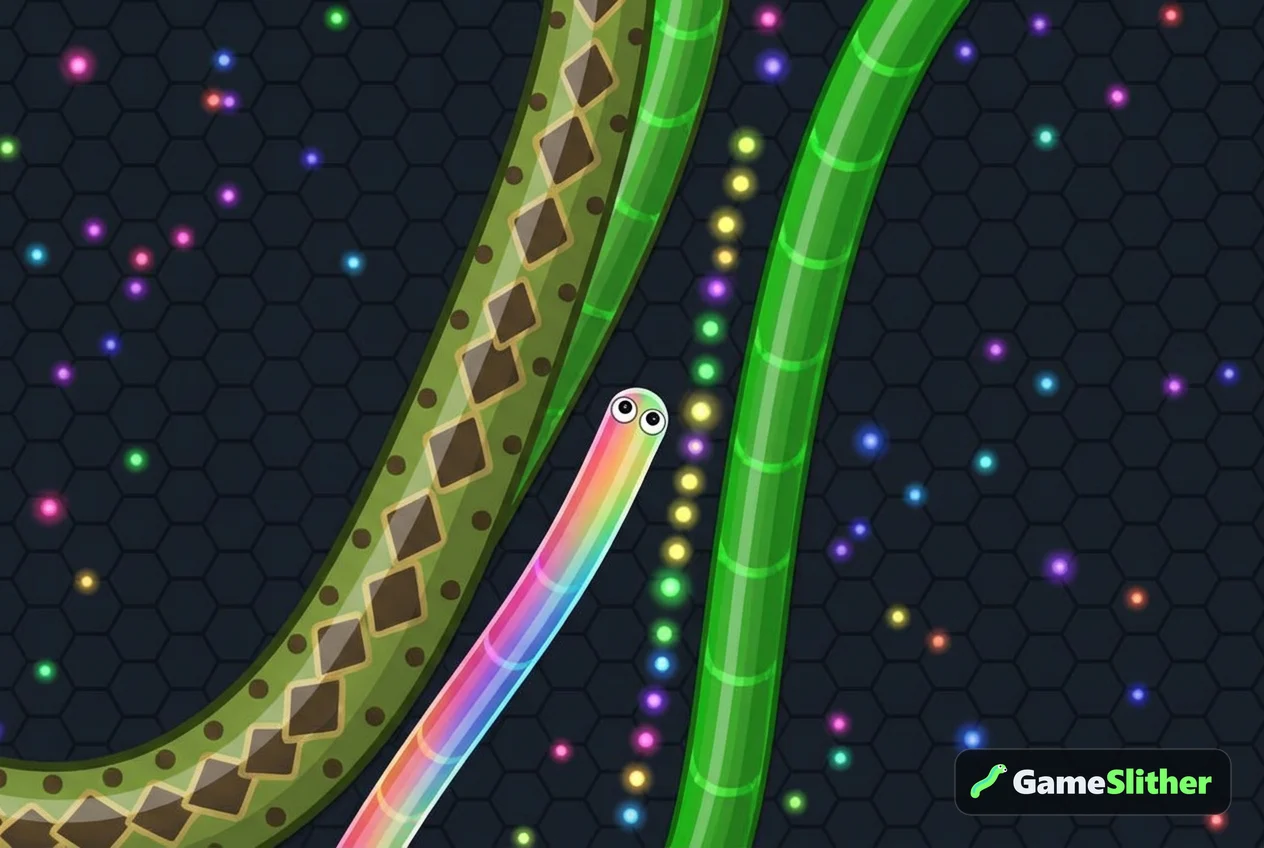A small colourful snake threading a narrow gap between two larger snakes to collect pellets