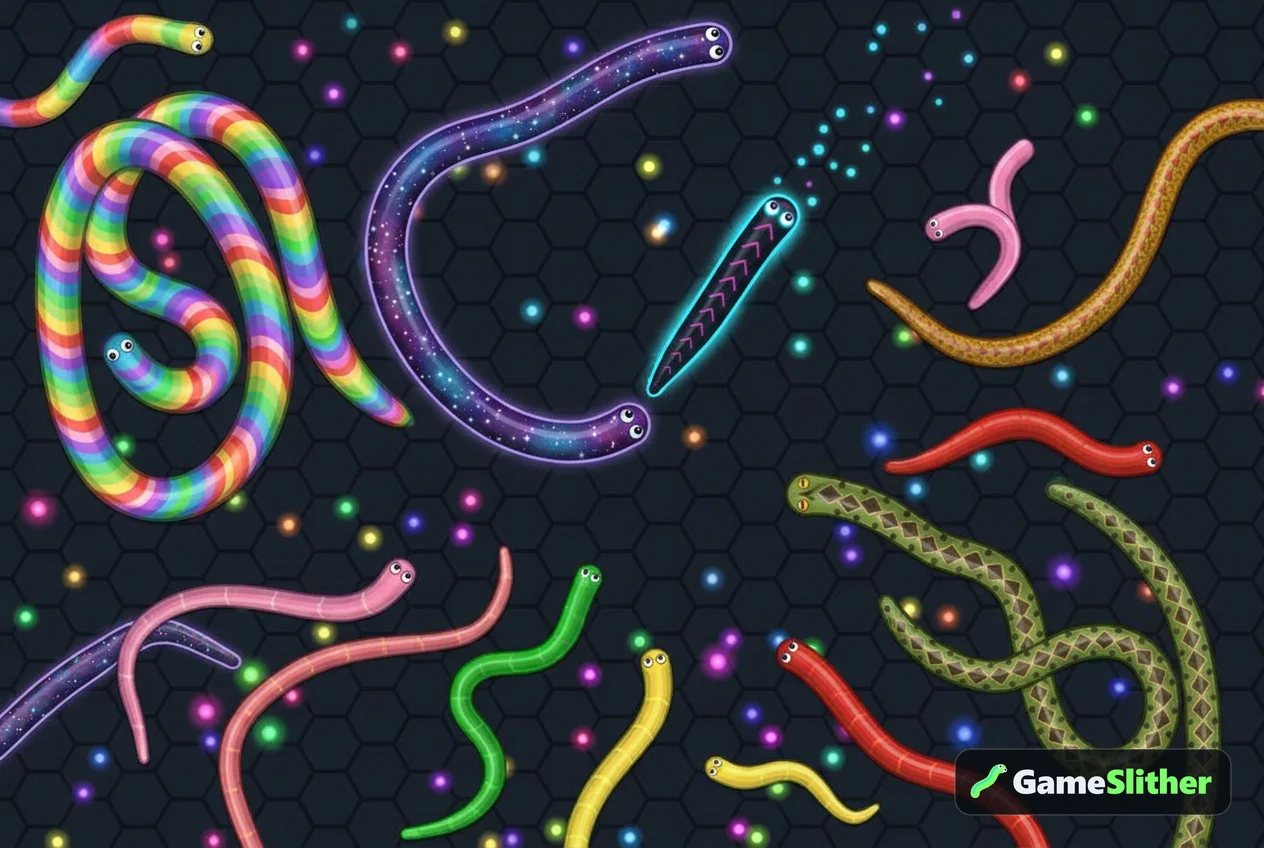 Crowded top-down arena with a dozen snakes of different skins weaving through glowing pellets