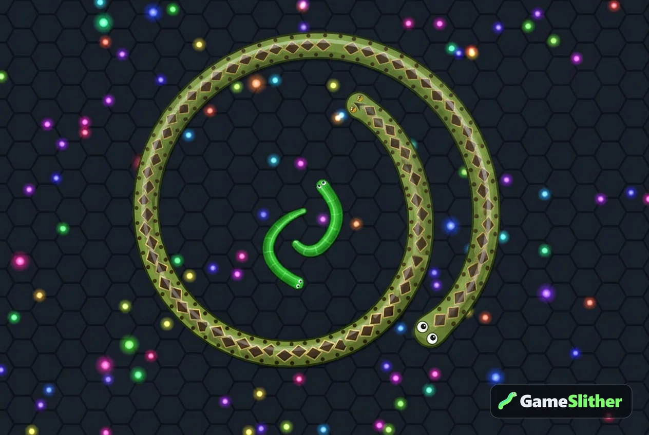 Cobra comprida a fechar um cerco à volta de uma cobra mais pequena presa no centro