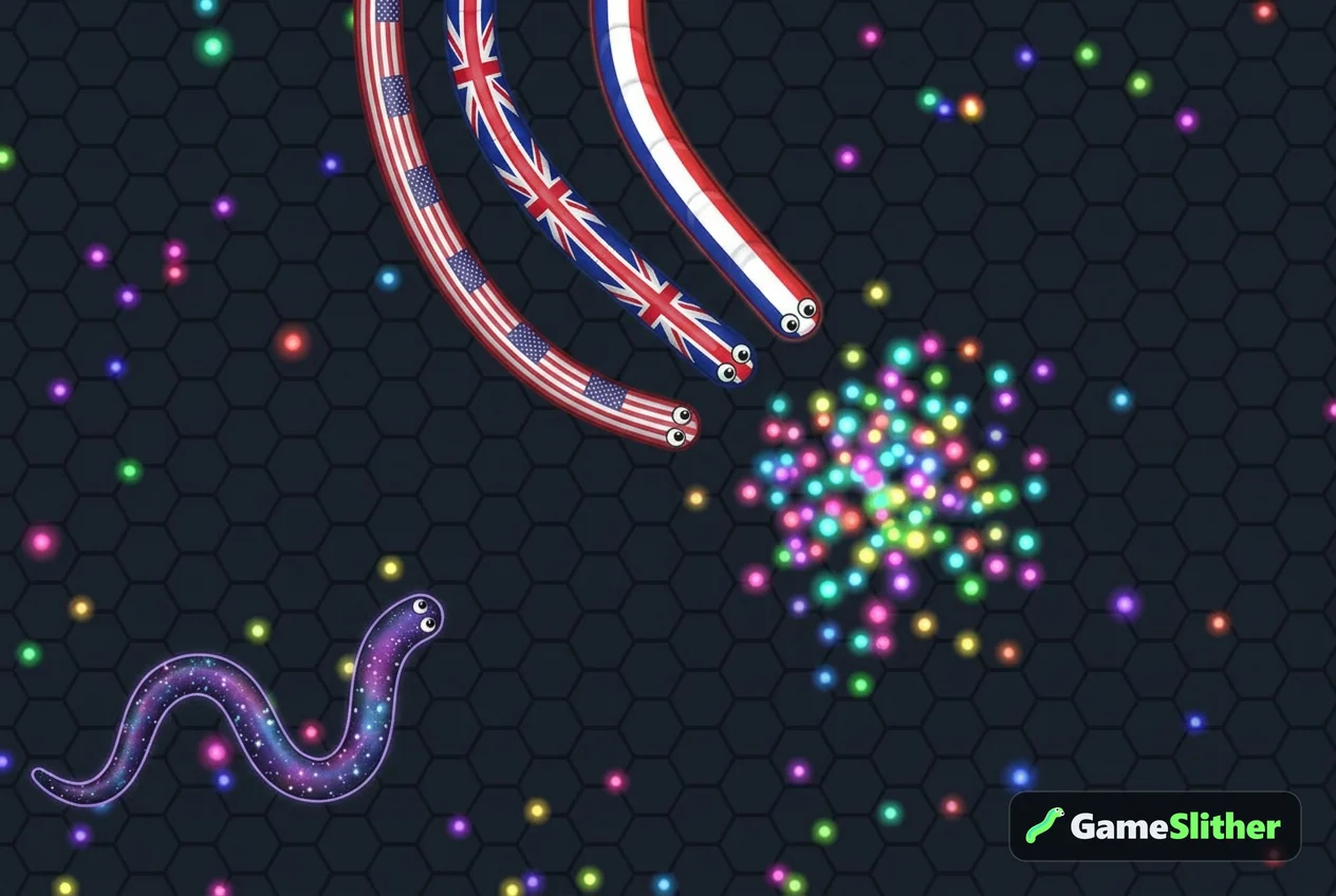Três cobras com skins de bandeiras a correr para um monte de pontos luminosos no mapa