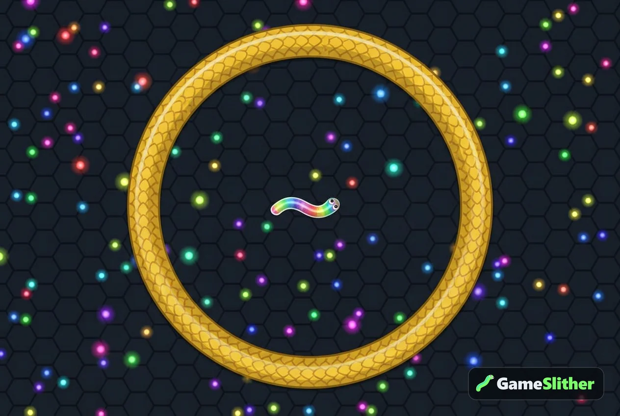 A long Golden Dragon snake coiling around a small trapped Rainbow Candy snake