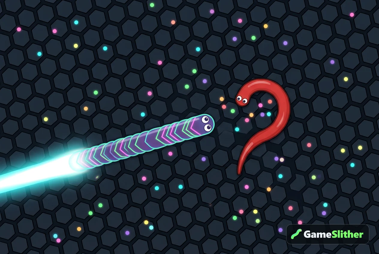 A glowing Neon Cyber snake boosting after a smaller red snake across a pellet field