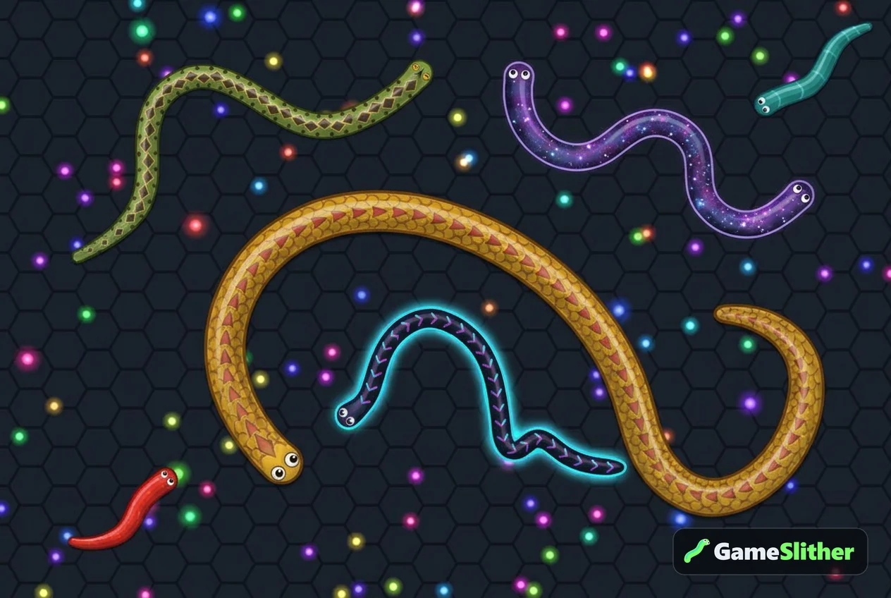 Top-down multiplayer snake arena showing google snake game alternatives with six colorful snakes and glowing pellets