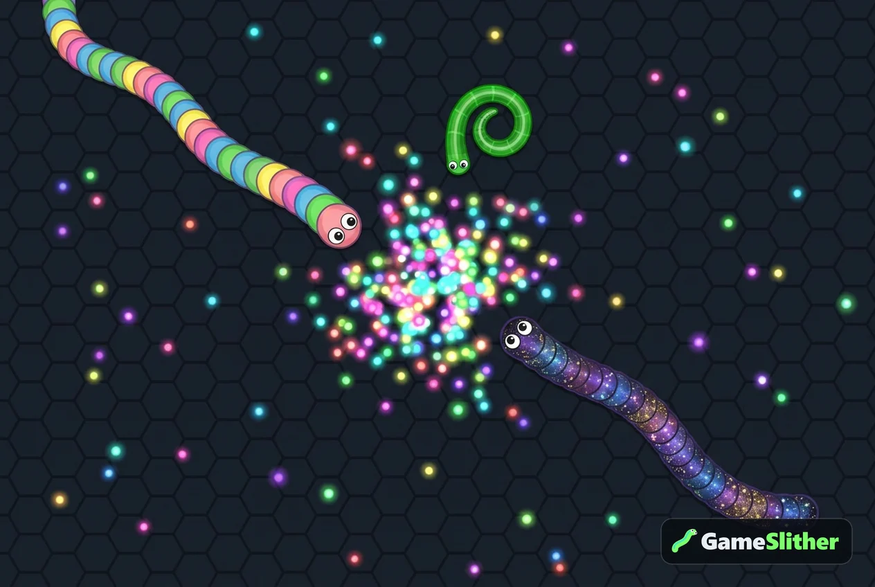 Two snakes racing toward a glowing pellet cluster left by a defeated snake