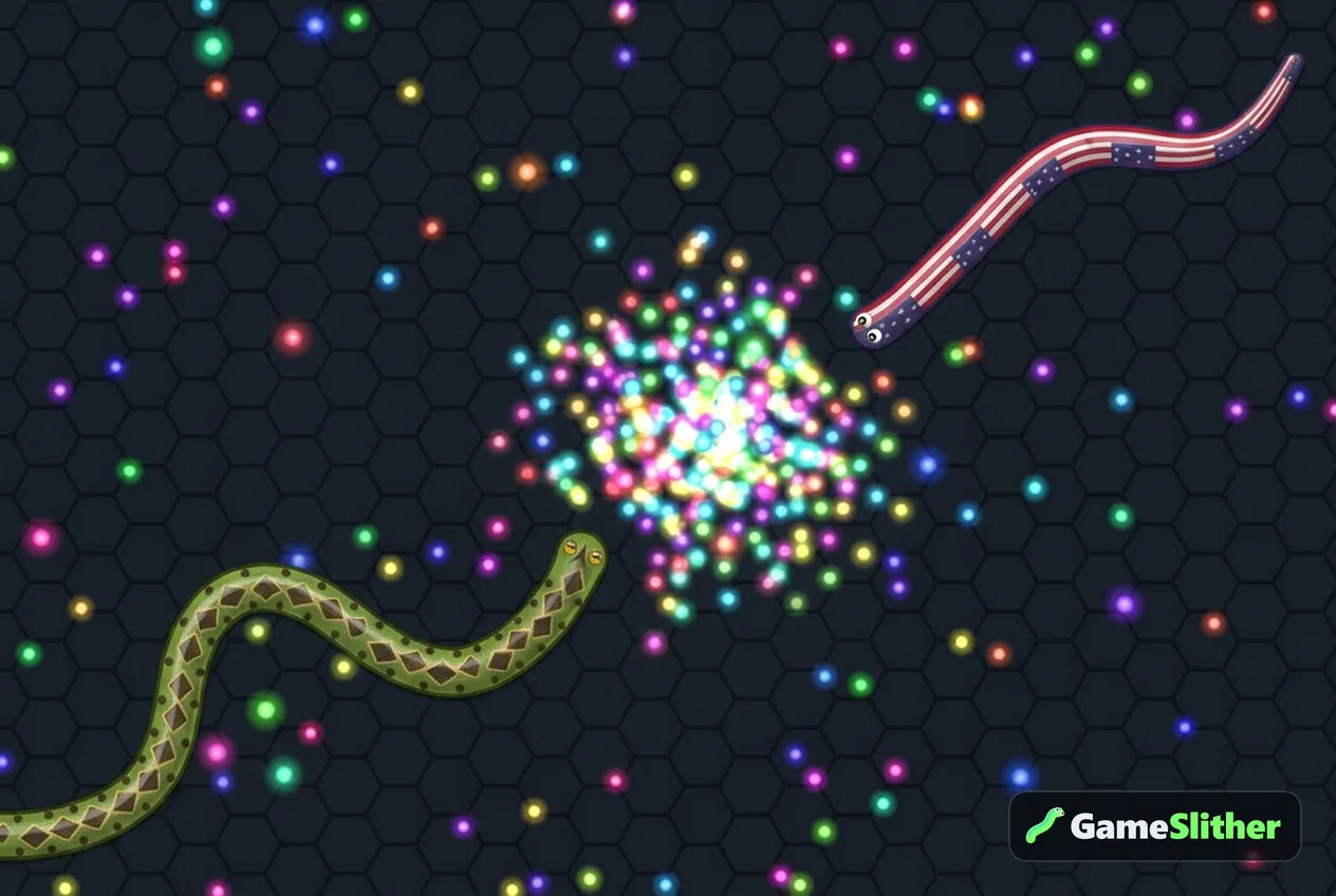Two snakes racing toward the glowing pellets left behind by a defeated snake