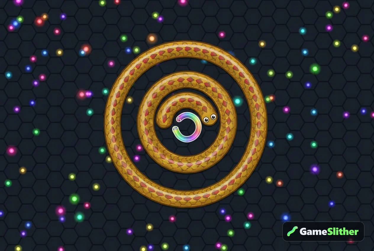 Long golden snake coiling around a smaller candy-coloured snake in a classic trap move