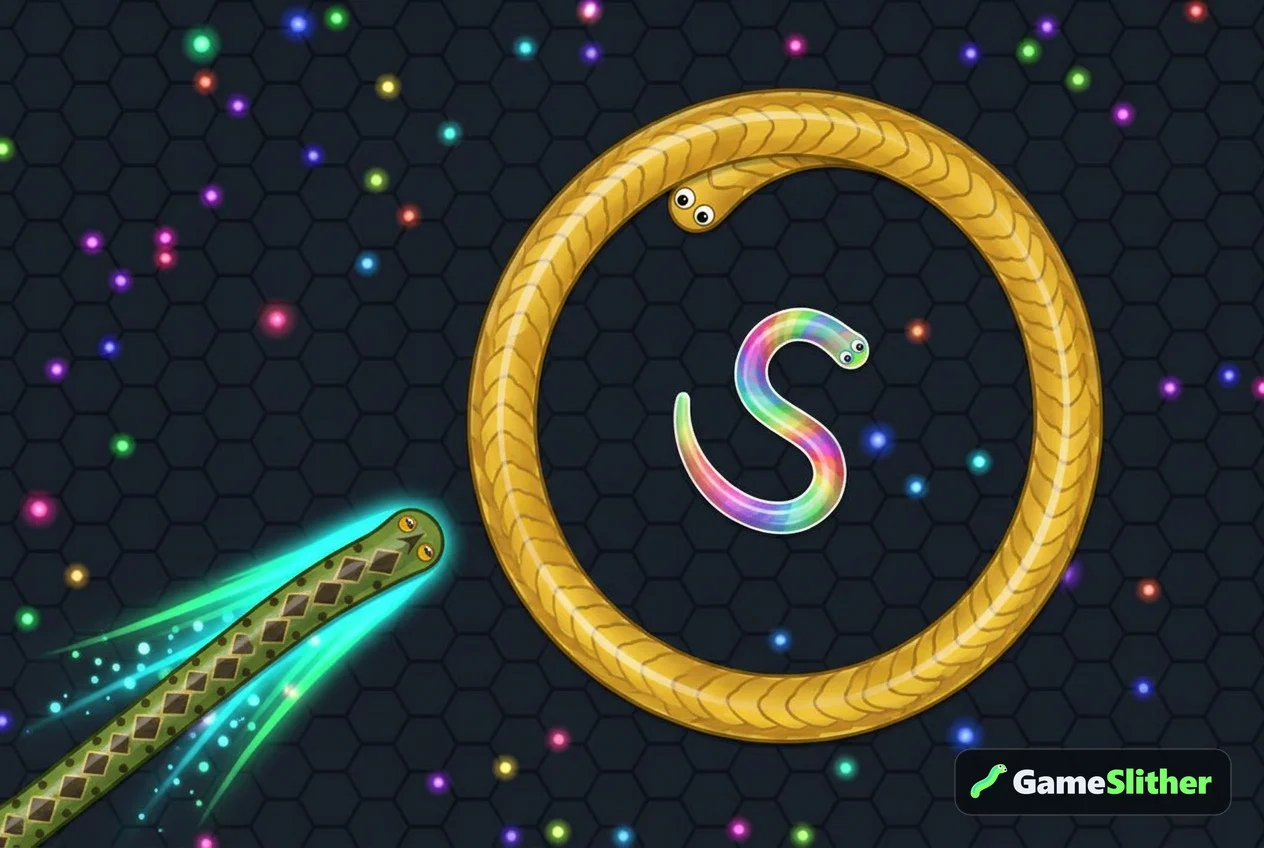 A long golden snake coiling around a smaller one while a third snake boosts in, showing modern io-style play