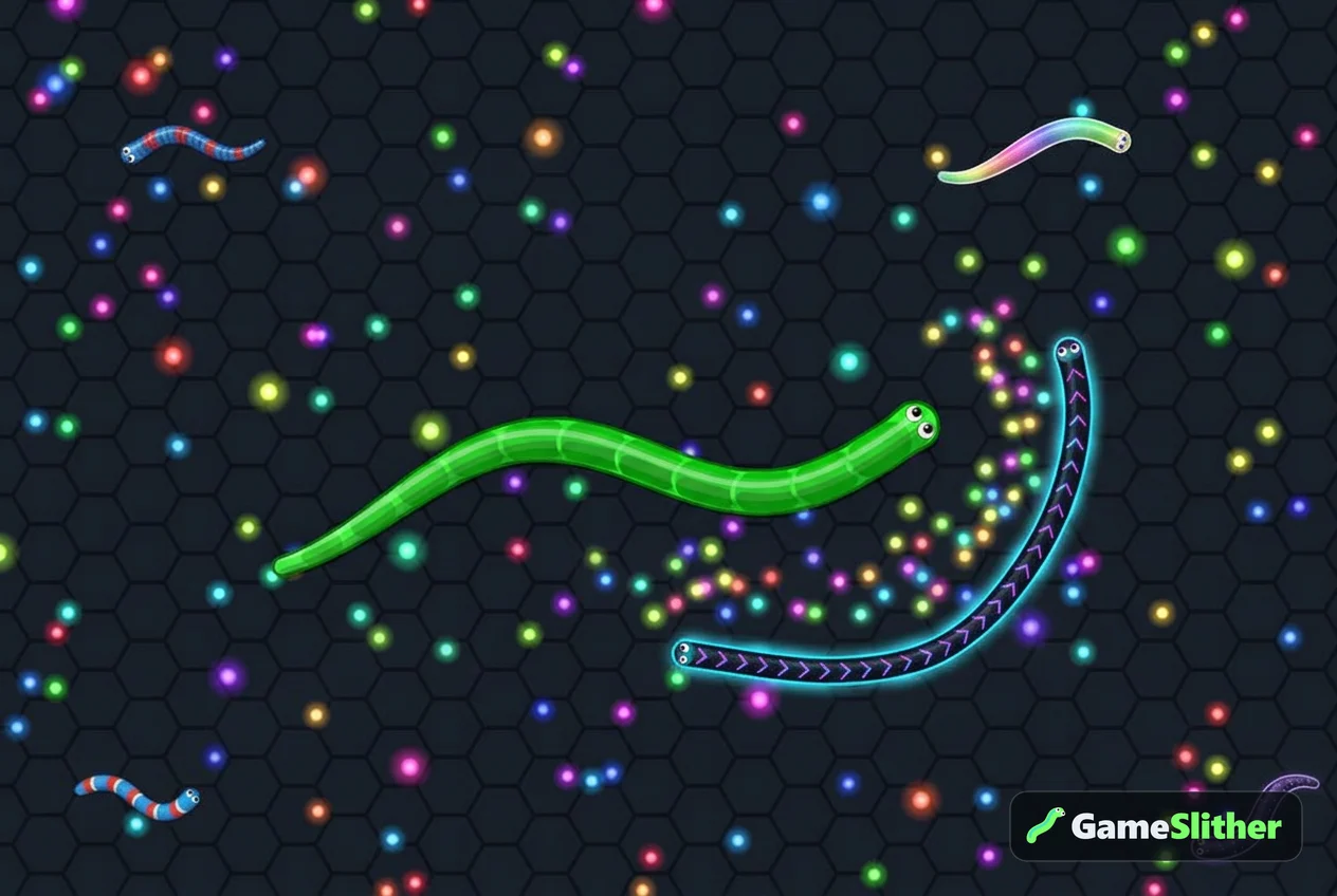 Top-down snake arena illustrating the history of the snake game from classic to modern multiplayer