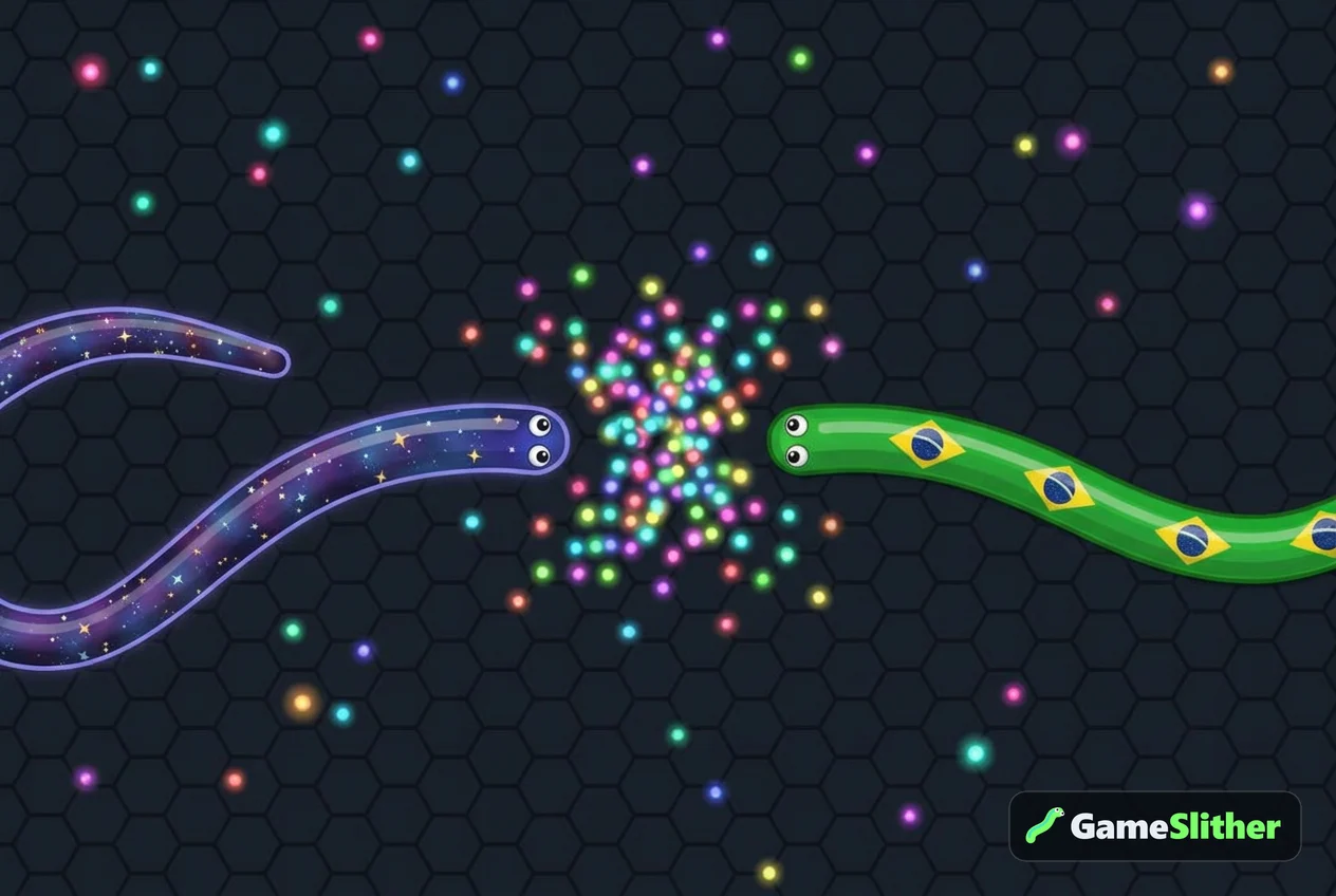 Two snakes racing for the glowing pellets dropped by a defeated snake in a busy browser arena
