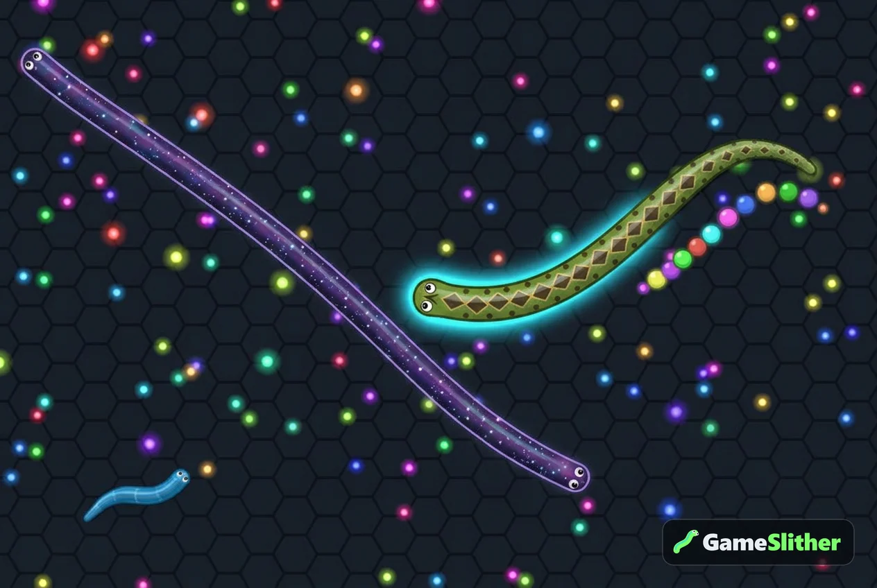 A boosting snake about to be cut off by another snake crossing its path in a snake io arena
