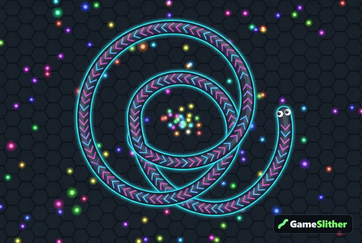 Neon snake coiled over its own tail, showing you cannot hit your own tail in snake io games