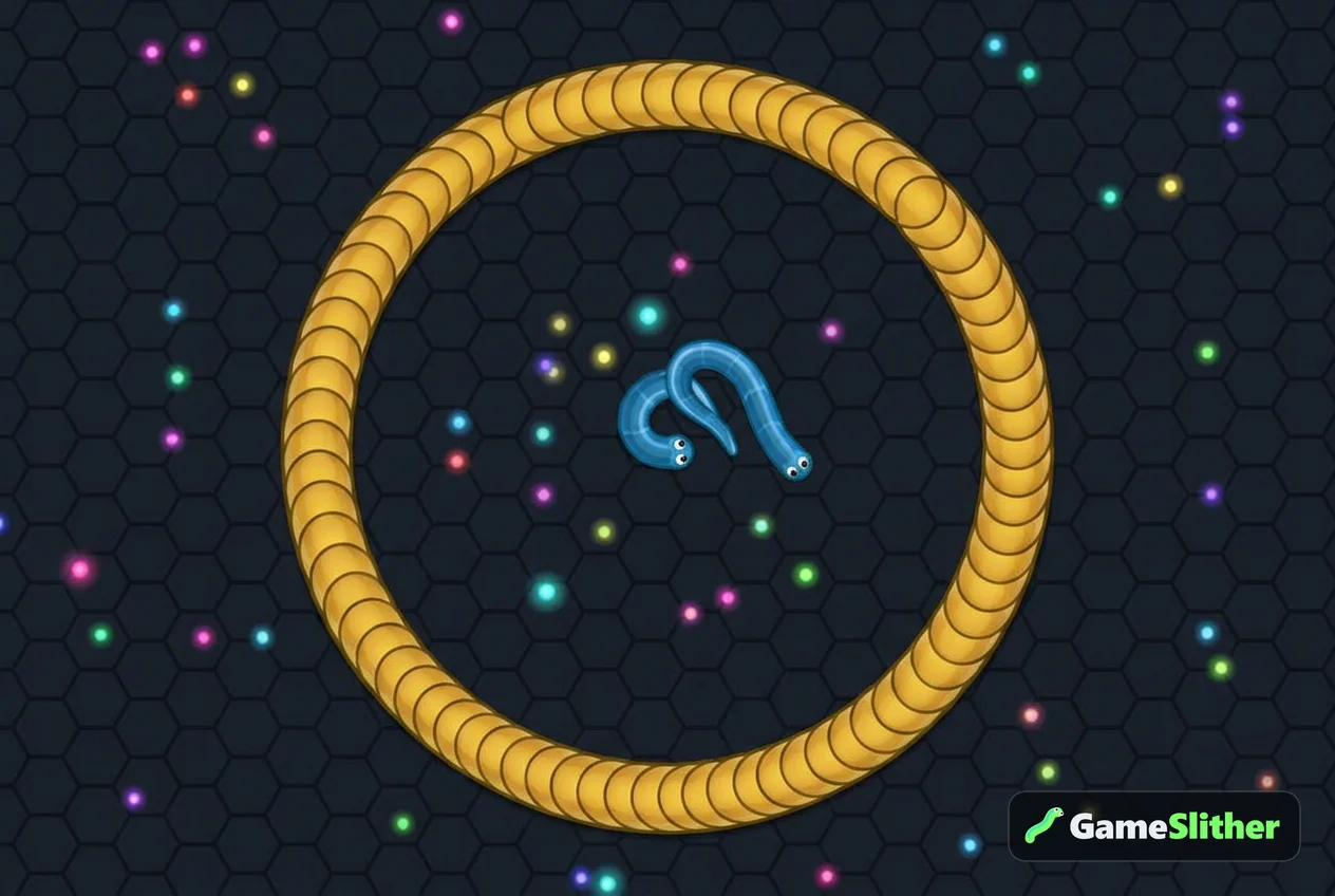 A long golden snake circling a trapped smaller snake inside a closed loop of its own body