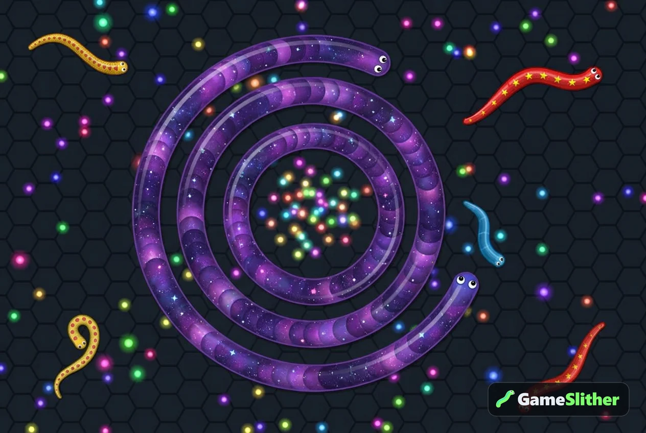 A long galaxy-skinned snake coiling in a wide spiral around a cluster of pellets