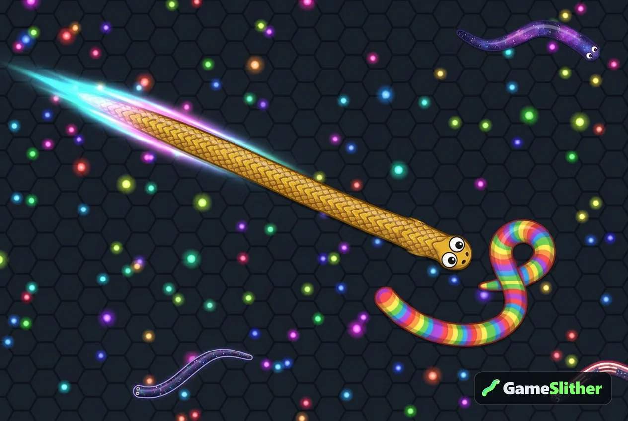 Un serpent doré en plein boost coupe la trajectoire d'un serpent plus petit