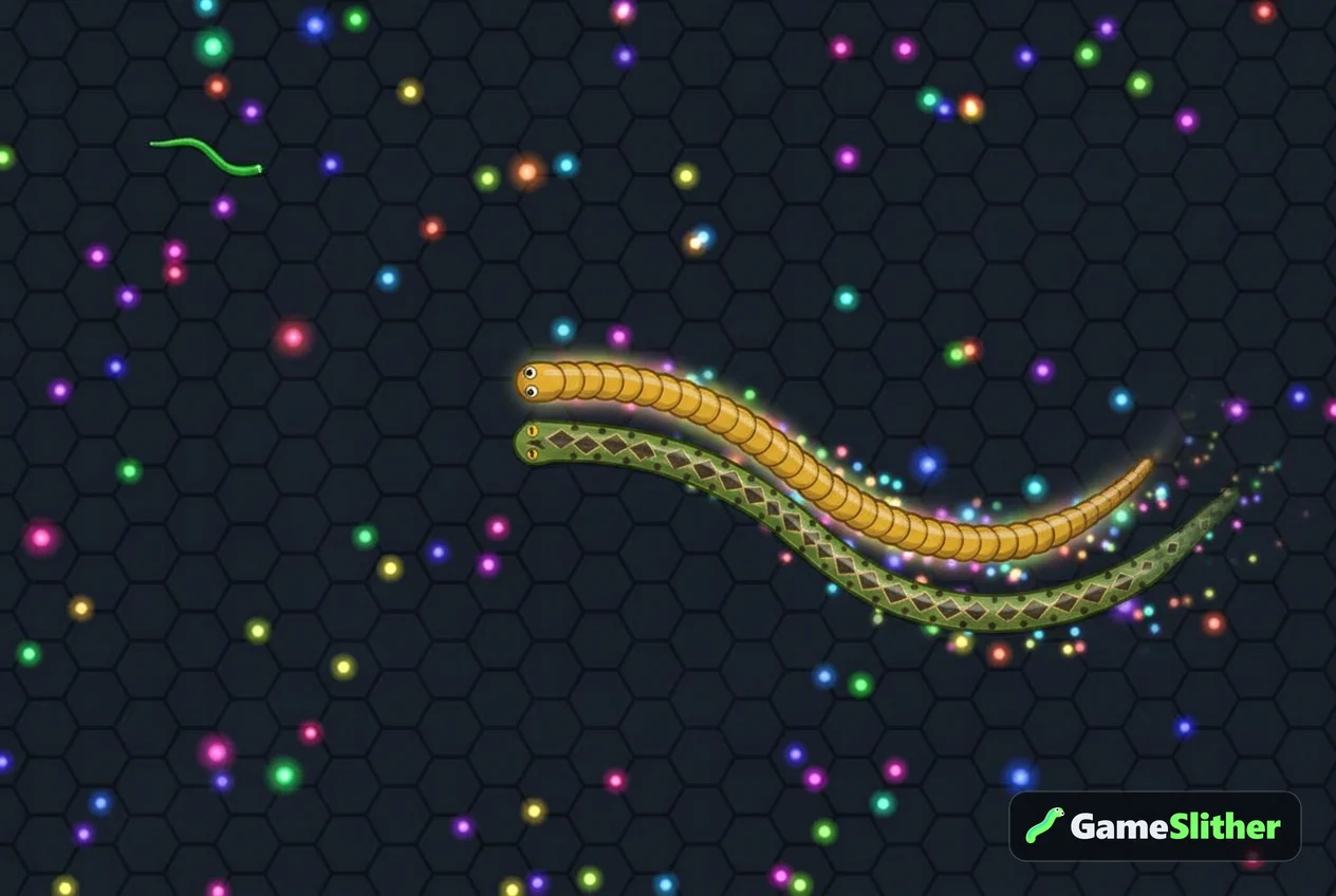 Duas cobras de tamanho parecido avançando lado a lado pela arena cheia de pelotas brilhantes