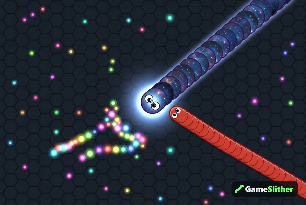 Cobra com skin Galaxy acelerando e cortando a frente de outra cobra durante a partida